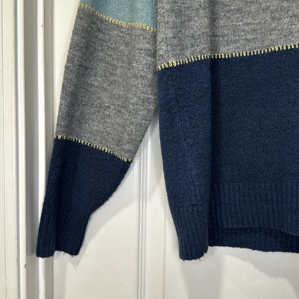 H Halston mock neck sweater, blue and gray striped with gold detail, size L - Picture 4 of 14